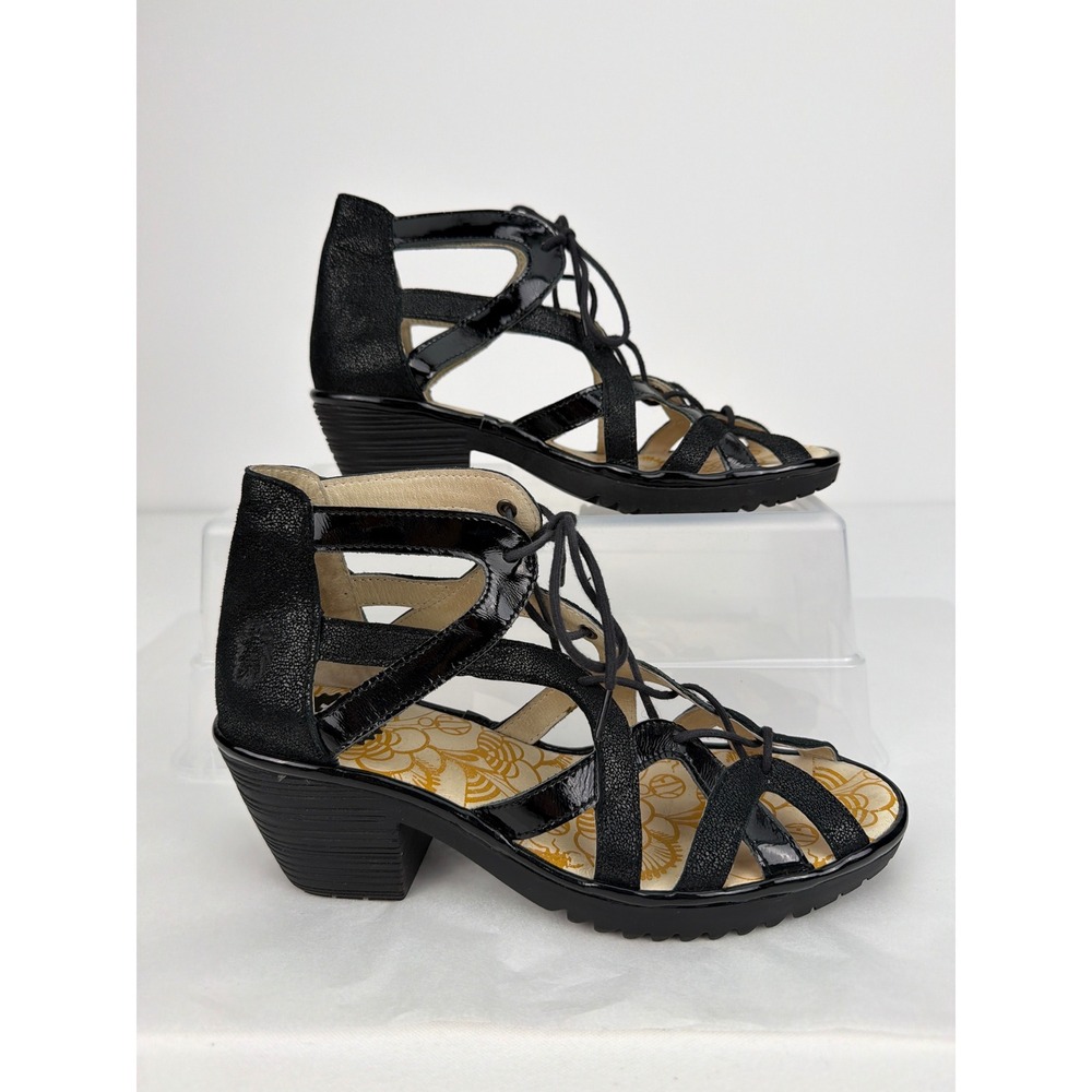 Fly London Lace Up Gladiator Sandals 39 Black Leather Chunky Heel Edgy Goth